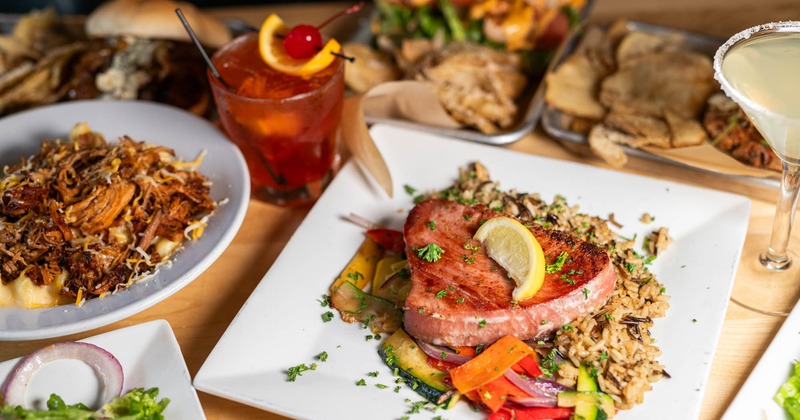 Various food and drinks on a table