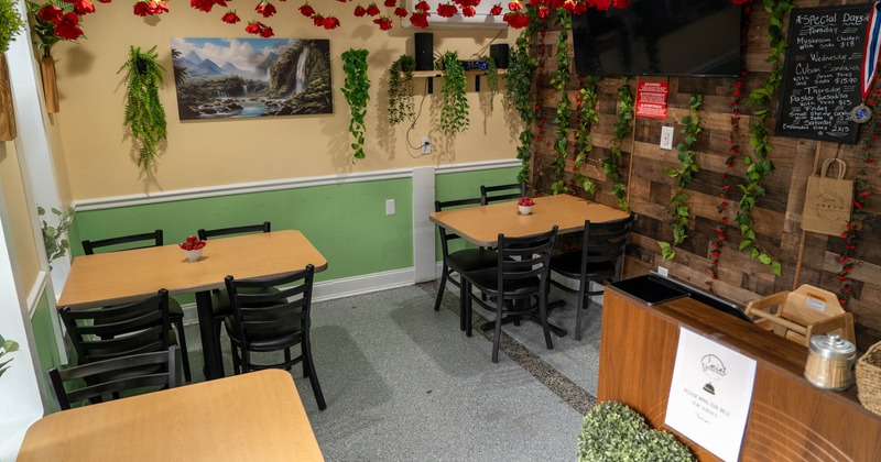 Interior, seating area with tables and chairs