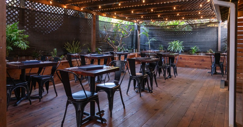 Covered patio area with string lights