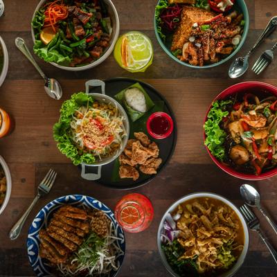 A top view of served meals.