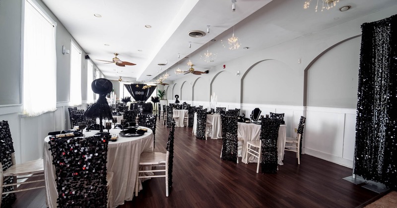 Interior, seating area with decorated tables and chairs