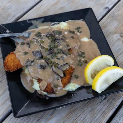 Chicken Schnitzel, with gravy.