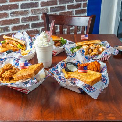 Various food and milkshake.