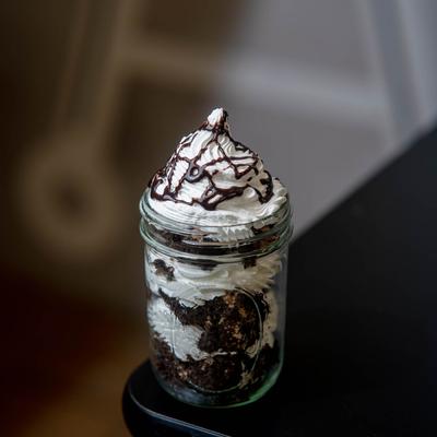 Chocolate Moose dessert in a mason jar.