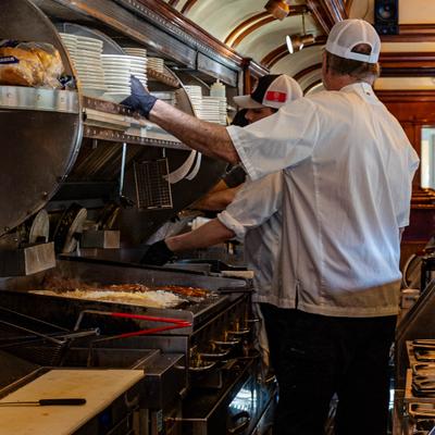 Kitchen staff in action.
