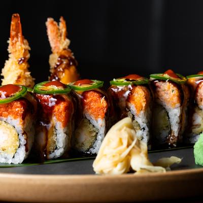 Spicy duo roll plate, close up.