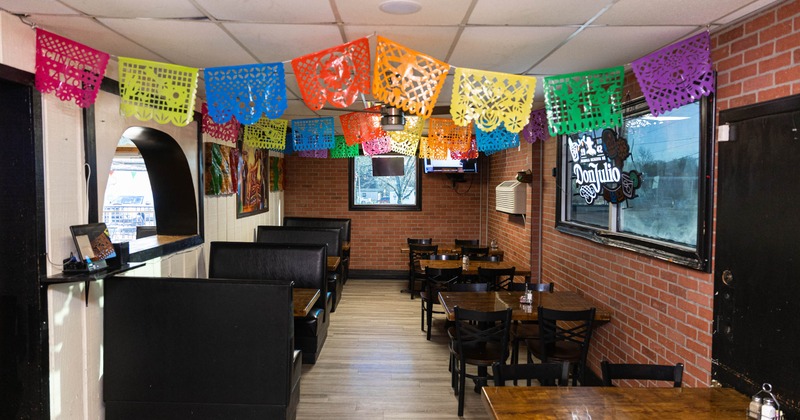 Interior, tables, chairs and seating booths