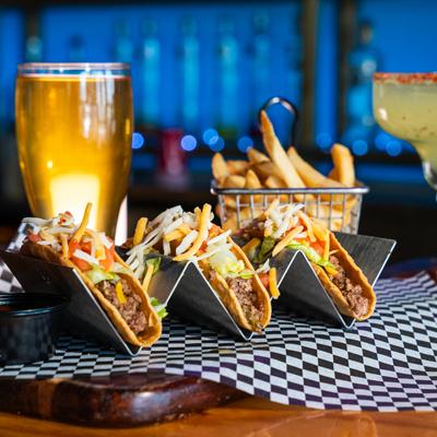 Tacos, fries, beer, and Margarita.