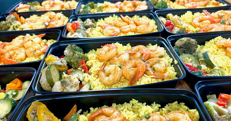 Grilled shrimp, rice, and veggies