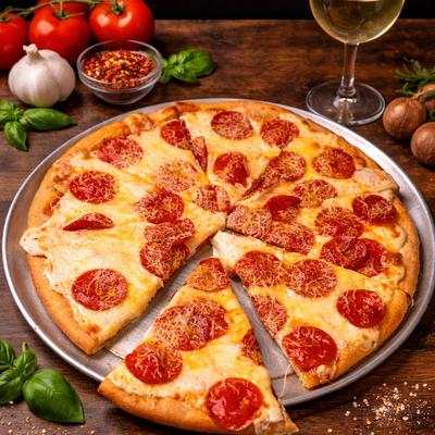 Sliced pepperoni pizza on a round metal tray, accompanied by a glass of white wine.
