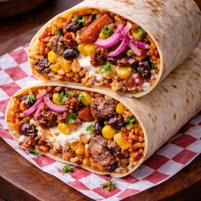 Campechano Burrito with bistec, chorizo, pork, rice, corn, black beans and grilled cheese.