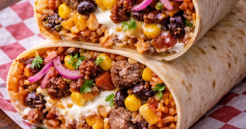 Burrito Campechano sliced in half and served