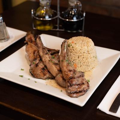 Lamb chops and rice.