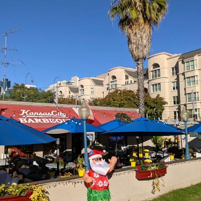 Exterior, seating area, tables covered with parasols.