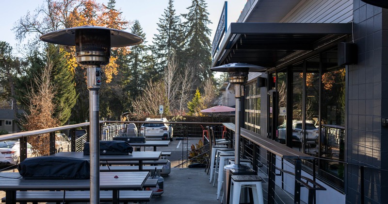 Outside, picnic tables, lights