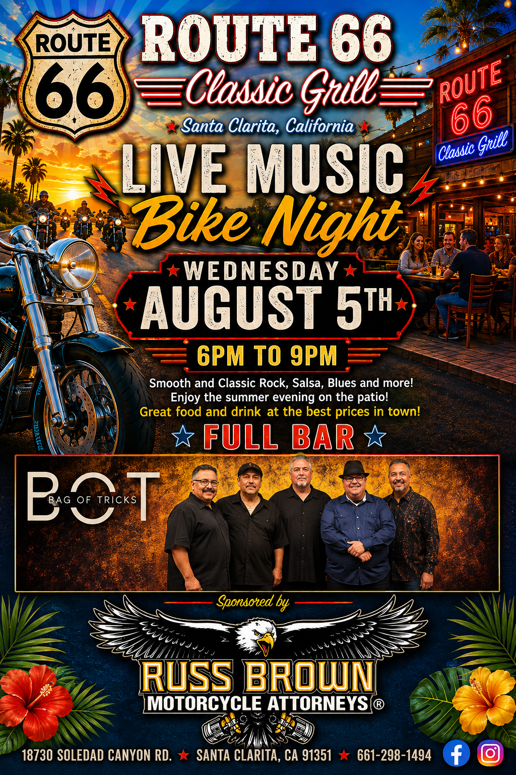 Live Music Bike Night this Wednesday August 5th at 6pm to 9pm featuring the band Bag of Tricks.