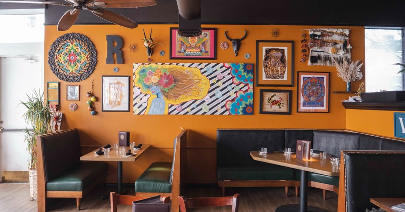 Interior, booths, art on the wall