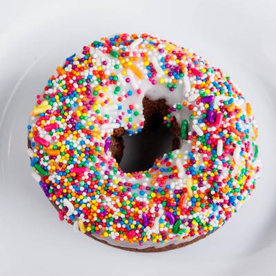 Chocolate cake with vanilla icing and sprinkles.