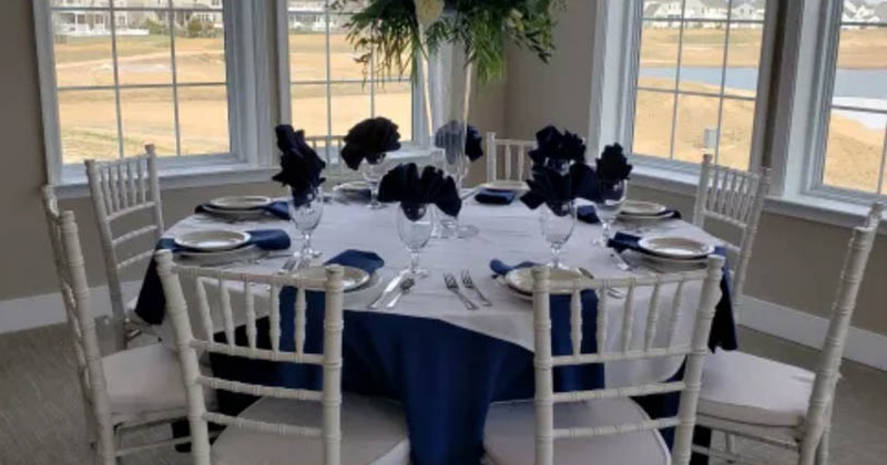 Interior, set table, chairs, windows with a view