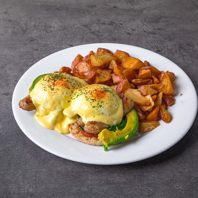 menu item 26 of 111, Halal Chicken Sausage, Avocado, Spinach & Tomato Benedict