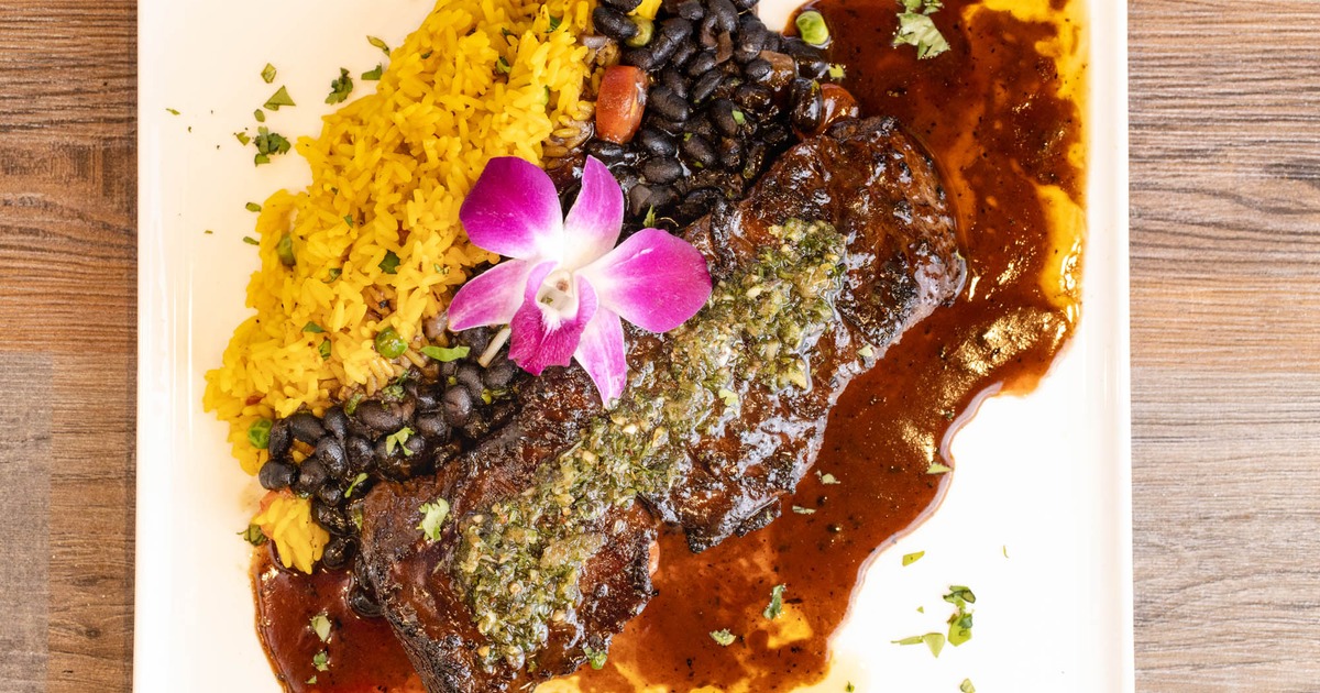 Grilled skirt steak, with black beans, and rice