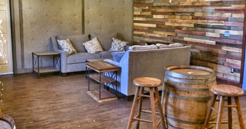Sofas, barrel table, and stools