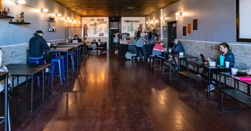 Interior, seating area, bar and tables, chairs