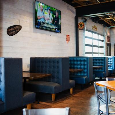 Interior, dining area, blue vinyl booths.
