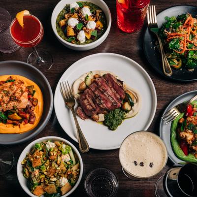 Multiple Dishes and Cocktails.