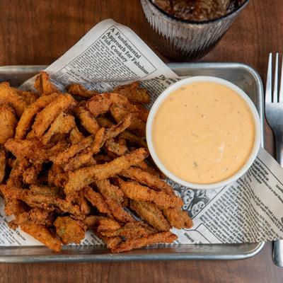 Fried jalapeno spears, served with dip.