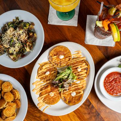 Assorted appetizer and cocktails, top view.