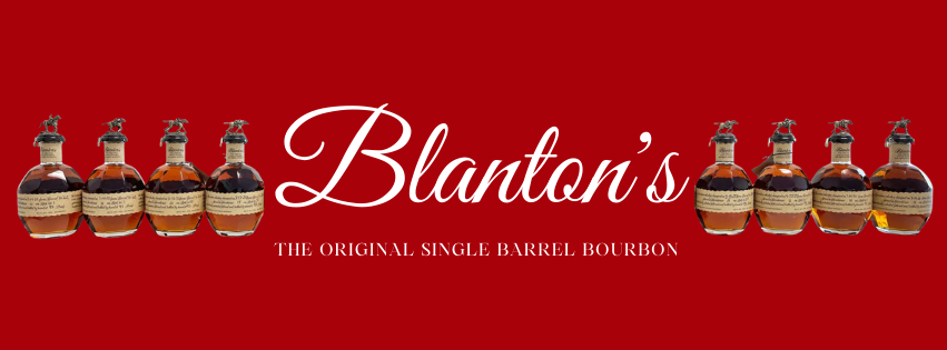 A picture of Blanton's Bourbon logo with a line-up of bottles on either side of the logo. All sit on a dark red background.