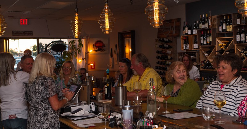 Interior, bar with guests enjoying wine at the counter and staff working