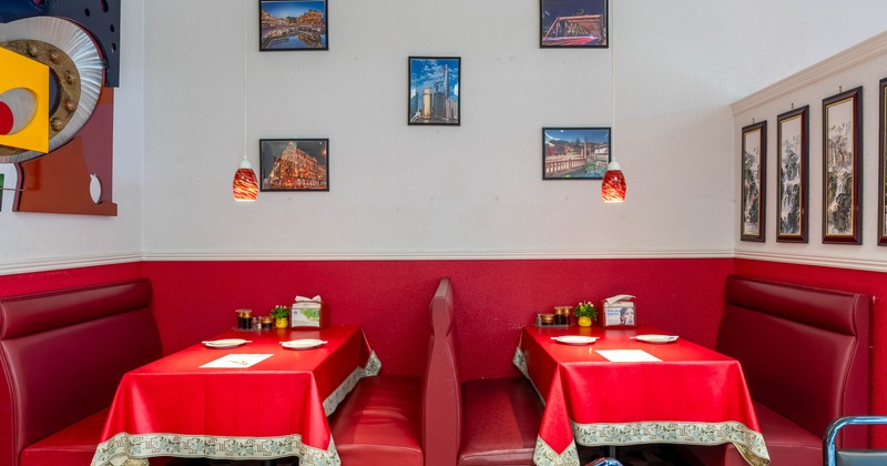 Interior, restaurant booths in dining area