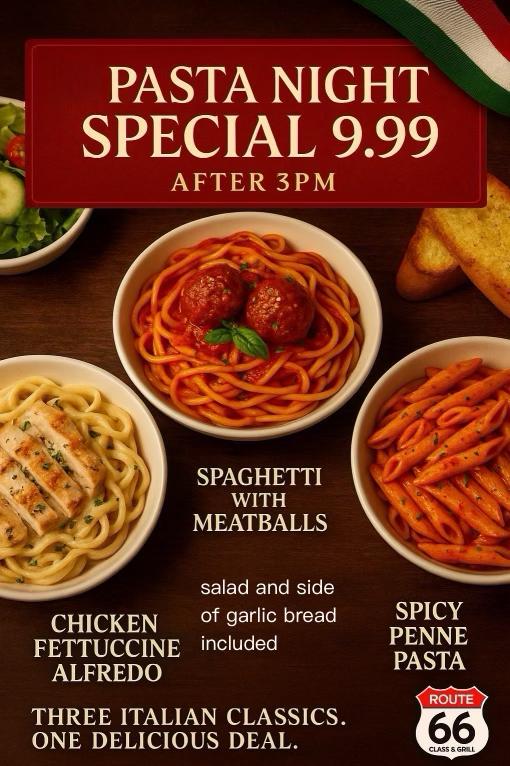 Monday Night Pasta Dinner Specials