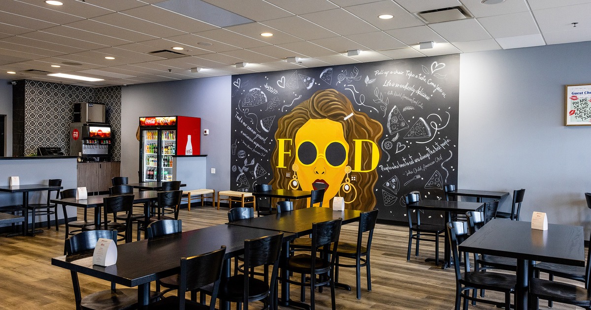 Interior space, dining area, big wall mural