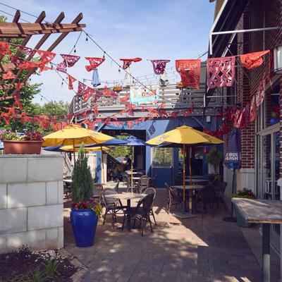 Outdoor patio, seating area.