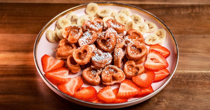 Mini Heart Pancakes, with bananas, and strawberries