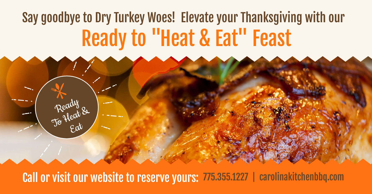 Tired of the dry turkey woes?  Elevate you holiday with our ready to heat and eat meals.