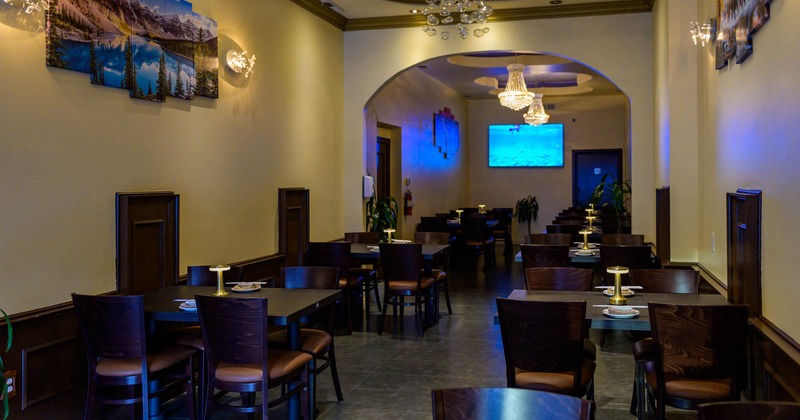 Interior, dining area, tables and chairs