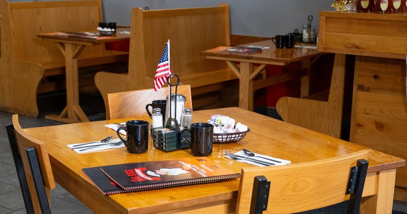Wooden table with decorative American flag