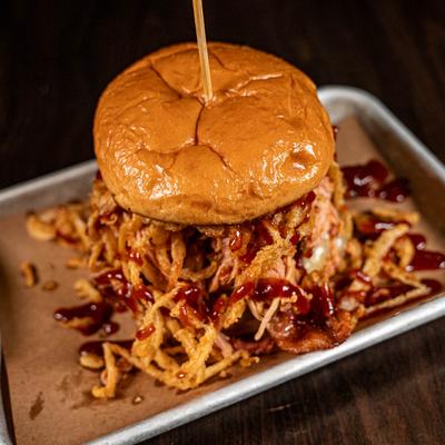 Tom and Todd's Heavenly BBQ Burger with pulled pork and bacon.