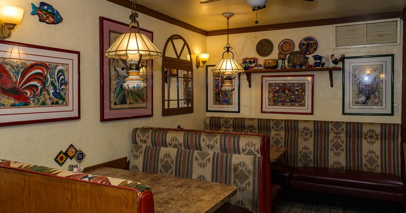 Interior, restaurant booths in dining area