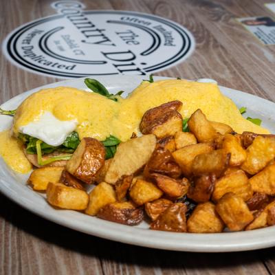 Breakfast potatoes and Eggs Florentine.