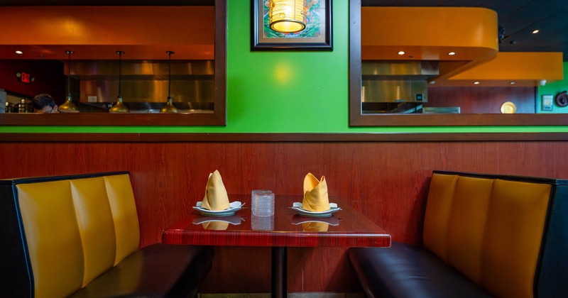 Interior, restaurant booth and table