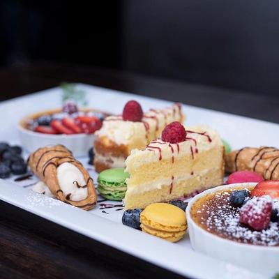 Platter with assorted desserts.