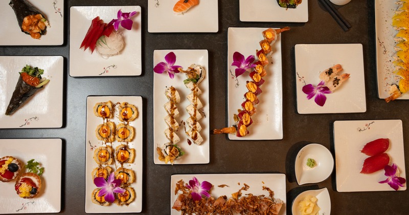 A variety of sushi and other Japanese dishes served on individual plates