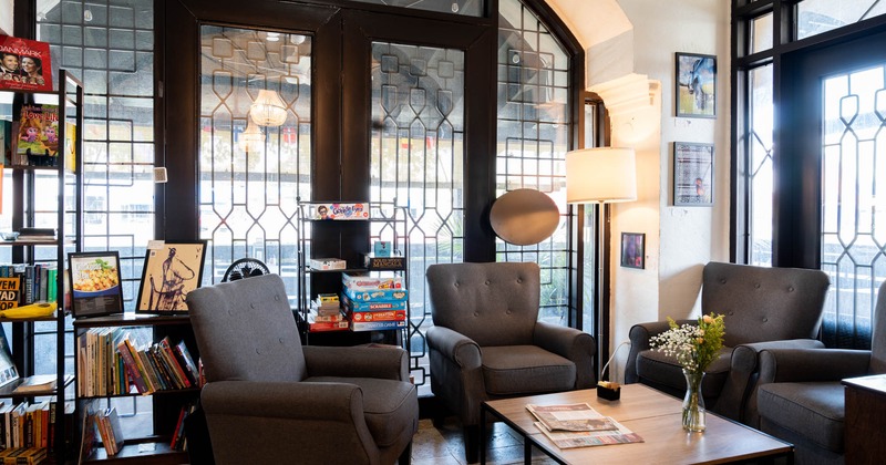 Interior, grey armchairs, book shelf in the back