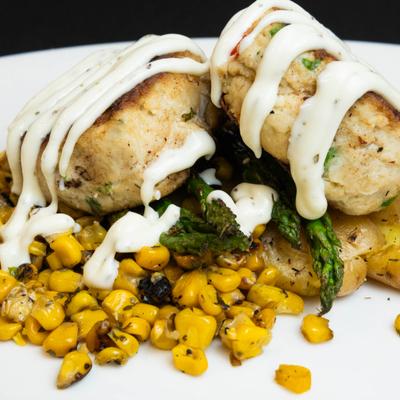 Crab cakes served with fingerling potatoes, asparagus, fire roasted corn, lemon herb aioli.