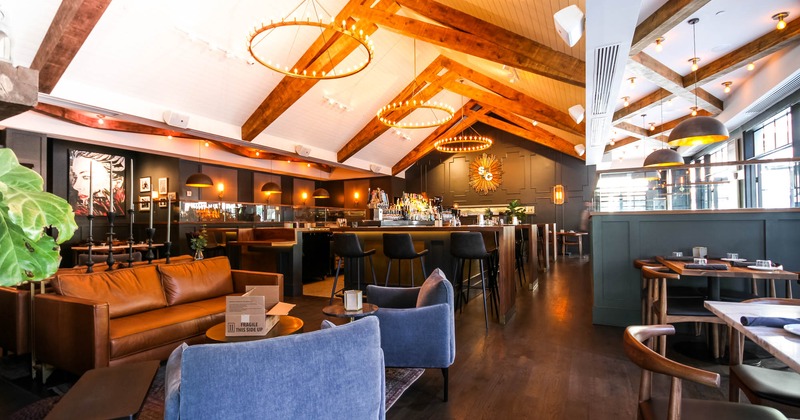 Elegantly decorated seating and bar area